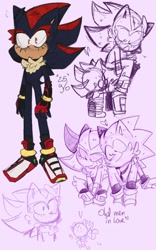 Size: 1200x1928 | Tagged: safe, artist:head---ache, shadow the hedgehog, sonic the hedgehog, oc, oc:emmie the hedgehog, hedgehog, adult, couple, cute, english text, eyelashes, fankid, father and daughter, female, gay, heart, magical gay spawn, male, older, parent:shadow, parent:sonic, parents:sonadow, pink background, shadow x sonic, shadowbetes, shipping, simple background, sitting, sketch, sonabetes, trio