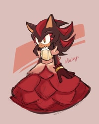 Size: 1449x1811 | Tagged: safe, artist:fleetways, shadow the hedgehog, hedgehog, abstract background, chest fluff, crossdressing, dress, eyelashes, femboy, gloves, looking offscreen, male, signature, smile, solo, standing