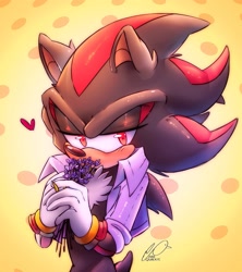 Size: 1821x2048 | Tagged: safe, artist:arkquackie, shadow the hedgehog, abstract background, black fur, blushing, ear fluff, flower, heart, holding something, jacket, lavender, lidded eyes, looking offscreen, male, signature, solo, standing
