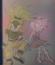 Size: 1731x2048 | Tagged: safe, artist:alverooooo, amy rose, surge the tenrec, hedgehog, tenrec, blushing, duo, duo female, female, females only, hand on knee, heart, lesbian, looking away, shipping, shrunken pupils, sitting, surgamy, traditional media