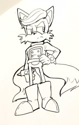 Size: 1304x2047 | Tagged: safe, artist:bunnymajo, miles (anti-mobius), fox, boots, clothes, ear piercing, frown, hand on hip, inkwork, lidded eyes, looking offscreen, male, solo, spiked bracelet, standing, traditional media
