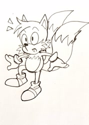 Size: 1462x2048 | Tagged: safe, artist:bunnymajo, miles "tails" prower, fox, adventures of sonic the hedgehog, :o, inkwork, looking offscreen, male, mouth open, solo, surprised, traditional media