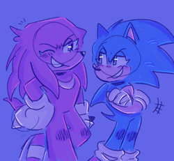 Size: 800x740 | Tagged: safe, artist:star-scrambled, knuckles the echidna, sonic the hedgehog, echidna, hedgehog, sonic frontiers, arms folded, duo, eyelashes, gay, knuxonic, looking at each other, male, males only, purple background, shipping, simple background, smile, standing, wink