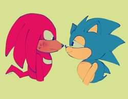 Size: 1800x1400 | Tagged: safe, artist:mivtsi, knuckles the echidna, sonic the hedgehog, blushing, bust, classic knuckles, classic sonic, duo, frown, gay, green background, knuxonic, lidded eyes, looking at each other, male, males only, shipping, simple background, smile, sweatdrop