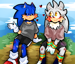 Size: 2048x1743 | Tagged: safe, artist:matrix--lazy, sonic the hedgehog, hedgehog, abstract background, blushing, blushing knees, cheek fluff, clothes, cute, daytime, duo, ear piercing, eyes closed, gay, heart, looking at them, male, males only, neck fluff, outdoors, shipping, shirt, shorts, sitting, smile, sonilver, sweater