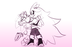 Size: 1263x835 | Tagged: safe, artist:llamapear, silver the hedgehog, sonic the hedgehog, hedgehog, blushing, boots, clothes, duo, gay, gradient background, hands on another's face, holding each other, line art, long hair, looking at each other, male, males only, shipping, smile, sonilver, standing, sunglasses