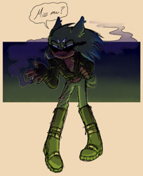 Size: 400x491 | Tagged: safe, artist:damn-not-here, scourge the hedgehog, hedgehog, boots, cigarette, fingerless gloves, green fur, jacket, male, redesign, simple background, smoke, smoking, solo