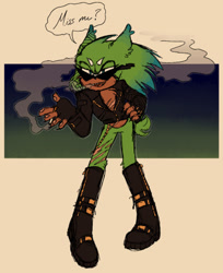 Size: 400x489 | Tagged: safe, artist:damn-not-here, scourge the hedgehog, hedgehog, alternate version, boots, cigarette, fingerless gloves, green fur, jacket, male, redesign, simple background, smoke, smoking, solo