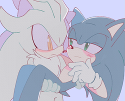 Size: 833x673 | Tagged: safe, artist:ikudoodles, silver the hedgehog, sonic the hedgehog, hedgehog, blue fur, blushing, carrying them, duo, duo male, frown, gay, green eyes, looking at each other, male, males only, purple background, shipping, silver fur, simple background, sonilver, standing, yellow eyes