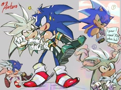 Size: 2048x1518 | Tagged: safe, artist:aietaro, silver the hedgehog, sonic the hedgehog, hedgehog, blushing, carrying them, dialogue, duo, duo male, english text, gay, grey background, looking at each other, looking at them, male, males only, mouth open, shipping, simple background, smile, sonilver, sparkles, speech bubble, standing, star (symbol)