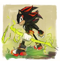 Size: 2032x2048 | Tagged: safe, artist:aietaro, shadow the hedgehog, hedgehog, :|, border, clenched fists, electricity, grass, holding something, looking at viewer, male, solo, standing