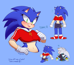 Size: 2048x1802 | Tagged: safe, artist:mingkeuuyu, silver the hedgehog, sonic the hedgehog, hedgehog, blue background, blushing ears, bust, character name, crop jacket, cute, duo, duo female, english text, female, female symbol, females only, gender swap, lesbian, question mark, r63 shipping, shipping, silvabetes, simple background, smile, solo focus, sonabetes, sonilver, standing, walking, zip