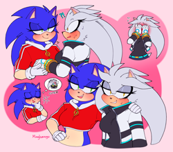 Size: 2048x1792 | Tagged: safe, artist:mingkeuuyu, silver the hedgehog, hedgehog, abstract background, arm around shoulders, blushing, blushing ears, clothes, covering face, crop jacket, duo, duo female, embarrassed, exclamation mark, female, females only, gender swap, hand on hip, heart, holding hands, jacket, lesbian, lidded eyes, looking at each other, question mark, r63 shipping, shipping, sonilver, sweatdrop, thinking, thought bubble