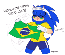 Size: 2048x1718 | Tagged: safe, artist:mingkeuuyu, sonic the hedgehog, hedgehog, brazilian flag, country flag, cute, dialogue, english text, eyes closed, facepaint, female, flag, flag waving, football world cup, headband, holding something, lfg, mouth open, sfx, shirt, shorts, simple background, smile, solo, sonabetes, standing, white background
