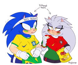 Size: 2048x1718 | Tagged: safe, artist:mingkeuuyu, silver the hedgehog, sonic the hedgehog, hedgehog, blushing, blushing ears, brazilian flag, chips, clothes, country flag, duo, duo female, eating, english text, facepaint, female, females only, flag, food, football world cup, gender swap, headband, holding something, lesbian, lidded eyes, looking at each other, portugal flag, r63 shipping, sfx, shipping, simple background, sonilver, standing, white background