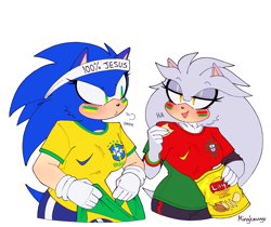 Size: 2048x1718 | Tagged: safe, artist:mingkeuuyu, silver the hedgehog, sonic the hedgehog, hedgehog, blushing, blushing ears, brazilian flag, chips, country flag, duo, duo female, eating, english text, facepaint, female, females only, flag, food, football world cup, headband, holding something, huffing, lesbian, lidded eyes, looking at each other, mouth open, portugal flag, pout, r63 shipping, sfx, shipping, shirt, simple background, smile, sonilver, standing, white background