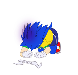 Size: 2048x1962 | Tagged: safe, artist:mingkeuuyu, sonic the hedgehog, hedgehog, all fours, annoyed, clenched fists, english text, female, football world cup, gender swap, headband, quivering, shirt, shorts, simple background, solo, sweatdrop, white background