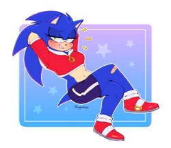 Size: 2047x1765 | Tagged: safe, artist:mingkeuuyu, sonic the hedgehog, hedgehog, abstract background, arms behind head, bandaid, bandaid on knee, clenched teeth, crop jacket, female, gender swap, leaning back, lidded eyes, looking at viewer, outline, shorts, smile, smug, solo, star (symbol)