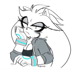 Size: 1024x956 | Tagged: safe, artist:mingkeuuyu, silver the hedgehog, hedgehog, chest fluff, female, frown, gender swap, head rest, jacket, lidded eyes, looking at viewer, simple background, sitting, solo, white background