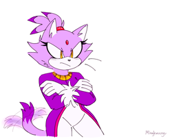 Size: 1166x949 | Tagged: safe, artist:mingkeuuyu, blaze the cat, cat, angry, arms folded, blushing, ear fluff, female, frown, looking offscreen, simple background, solo, standing, wagging tail, white background