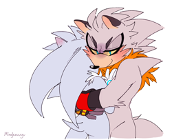 Size: 1166x949 | Tagged: safe, artist:mingkeuuyu, silver the hedgehog, hedgehog, blue eyes, blushing, blushing ears, brown tipped ears, colored ears, duo, duo male, gay, grey fur, hugging, lidded eyes, looking at viewer, male, males only, neck fluff, shipping, simple background, standing, venice the hedgehog, venilver, white background, yellow sclera