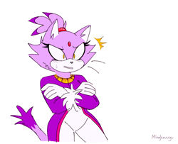 Size: 1166x949 | Tagged: safe, artist:mingkeuuyu, blaze the cat, cat, arms folded, clenched teeth, female, looking offscreen, simple background, solo, standing, surprised, sweatdrop, white background