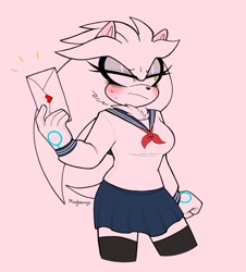 Size: 1850x2048 | Tagged: safe, artist:mingkeuuyu, silver the hedgehog, hedgehog, blushing, blushing ears, clenched fist, female, frown, gender swap, heart, holding something, letter, lidded eyes, looking away, love letter, neck fluff, pink background, schoolgirl outfit, simple background, solo, standing, sweatdrop, tsundere