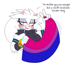 Size: 2048x1843 | Tagged: safe, artist:mingkeuuyu, silver the hedgehog, hedgehog, bisexual, bisexual pride, blushing, blushing ears, bust, clothes, dialogue, english text, featured image, female, flag, gender swap, holding something, jacket, lidded eyes, looking at viewer, pride, pride flag, simple background, solo, sweatdrop, v sign, white background