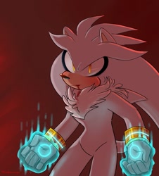 Size: 1205x1334 | Tagged: safe, artist:mingkeuuyu, silver the hedgehog, angry, bleeding, bleeding from mouth, blood, blood stain, injured, looking at viewer, male, neck fluff, psychokinesis, solo, standing