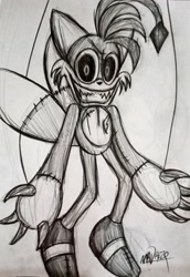 Size: 2730x3962 | Tagged: safe, artist:mrdrezq, tails doll, 2022, clenched teeth, creepy, creepy smile, looking at viewer, nightmare fuel, pencilwork, smile, solo, traditional media, wide smile