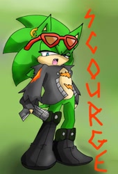 Size: 1633x2400 | Tagged: safe, artist:noooonswing, scourge the hedgehog, hedgehog, asymmetrical footwear, blue eyes, boots, earrings, fingerless gloves, glasses, glasses on head, gloves, green fur, gun, jacket, male, scars, single boot, single thigh boot, sunglasses