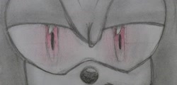 Size: 1618x775 | Tagged: safe, artist:artistiachan, sonic the hedgehog, hedgehog, 2020, alternate eye color, alternate universe, alternate version, au:fall into the void, close-up, glowing eyes, lidded eyes, looking at viewer, male, pencilwork, pink eyes, solo, traditional media