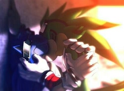 Size: 469x343 | Tagged: safe, artist:einnharder, jet the hawk, sonic the hedgehog, bird, hedgehog, abstract background, au:fall into the void, blue fur, duo, duo male, eyes closed, gay, goggles, green fur, hawk, holding each other, kiss, male, males only, shipping, sonic riders, sonjet, standing, sunglasses