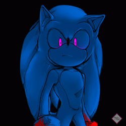 Size: 1600x1600 | Tagged: semi-grimdark, artist:pikative, sonic the hedgehog, hedgehog, 2017, alternate universe, au:fall into the void, black background, blood, blue, dead stare, frown, glowing eyes, implied murder, looking at viewer, male, monochrome, pink eyes, simple background, standing, watermark
