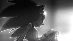 Size: 1191x670 | Tagged: safe, artist:einnharder, sonic the hedgehog, hedgehog, abstract background, alternate universe, au:fall into the void, glowing eyes, greyscale, looking down, looking offscreen, male, monochrome, pink eyes, sitting, smile, solo, sonic riders, sunglasses