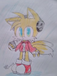 Size: 774x1032 | Tagged: safe, artist:sonic-star14, miles "tails" prower, fox, blue eyes, cute, fingerless gloves, headphones, hoodie, male, orange fur, shoes, smartphone, socks, tailabetes, traditional media