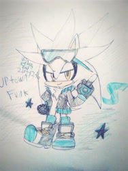 Size: 774x1031 | Tagged: safe, artist:sonic-star14, silver the hedgehog, hedgehog, boots, fingerless gloves, glasses, glasses on head, grey fur, jacket, male, socks, sunglasses, yellow eyes
