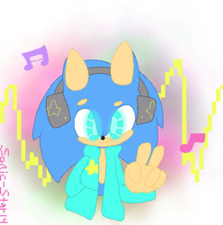 Size: 890x898 | Tagged: safe, artist:sonic-star14, sonic the hedgehog, hedgehog, blue fur, green eyes, headphones, jacket, male, musical notes