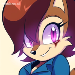Size: 512x512 | Tagged: safe, ai art, artist:mobians.ai, sally acorn, blood, glowing eyes, looking at viewer, pink eyes, prompter:taeko, smile, solo, yandere