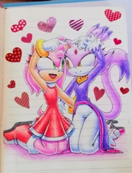 Size: 1559x2048 | Tagged: safe, artist:karicumis, amy rose, blaze the cat, cat, hedgehog, 2022, amy x blaze, amy's halterneck dress, blaze's tailcoat, cute, female, females only, hearts, lesbian, looking at each other, shipping, traditional media