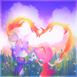 Size: 512x512 | Tagged: safe, artist:gellywelf, amy rose, blaze the cat, cat, hedgehog, 2022, amy x blaze, amy's halterneck dress, blaze's tailcoat, cute, eyes closed, female, females only, flame, heart, holding hands, lesbian, mouth open, shipping