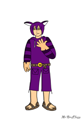 Size: 1042x1533 | Tagged: safe, artist:noooonswing, big the cat, human, belt, gloves, hoodie, humanized, male, pants, purple hair, sandals, yellow eyes