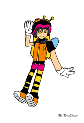 Size: 1042x1533 | Tagged: safe, artist:noooonswing, charmy bee, human, asymmetrical legwear, black hair, gloves, helmet, humanized, male, pantyhose, shoes, shorts, t-shirt, wings, yellow eyes, yellow hair