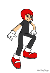 Size: 1042x1533 | Tagged: safe, artist:noooonswing, mighty the armadillo, human, black eyes, gloves, humanized, male, pants, red hair, shoes, socks, t-shirt
