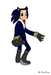 Size: 1042x1533 | Tagged: safe, artist:noooonswing, human, blue hair, boots, gloves, heterochromia, humanized, jacket, male, pants, red eyes, scar, terios the hedgehog