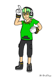 Size: 1042x1533 | Tagged: safe, artist:noooonswing, vector the crocodile, human, boots, gloves, green hair, headphones, humanized, male, necklace, pants, t-shirt, yellow eyes, yellow hair