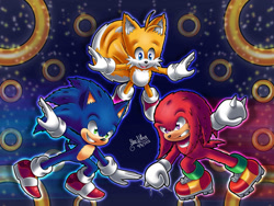 Size: 1032x775 | Tagged: safe, artist:star-shiner, knuckles the echidna, miles "tails" prower, sonic the hedgehog, echidna, fox, hedgehog, blue eyes, blue fur, gloves, green eyes, male, orange fur, purple eyes, red fur, rings, shoes, socks