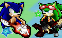 Size: 599x370 | Tagged: safe, artist:4sonicfan, scourge the hedgehog, sonic the hedgehog, hedgehog, blue eyes, blue fur, fingerless gloves, glasses, glasses on head, gloves, green eyes, green fur, guitar, jacket, male, sunglasses