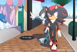Size: 720x486 | Tagged: safe, artist:root8beat, mephiles the dark, shadow the hedgehog, hedgehog, black fur, blue eyes, blue fur, gloves, male, red eyes, red fur, shoes