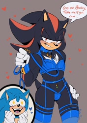 Size: 1448x2048 | Tagged: suggestive, artist:sailorsonic, shadow the hedgehog, sonic the hedgehog, hedgehog, blushing, brown background, collar, dialogue, drooling, duo, duo male, english text, gay, heart, holding something, leash, lidded eyes, male, males only, saliva, shadow x sonic, shipping, simple background, smile, speech bubble, standing, starry eyes, stockings, thong